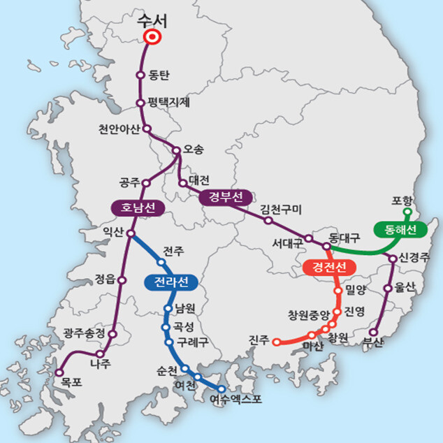 다음달 1일부터 운행하는 에스알티(SRT) 전라선 노선도(파란색).전남도 제공